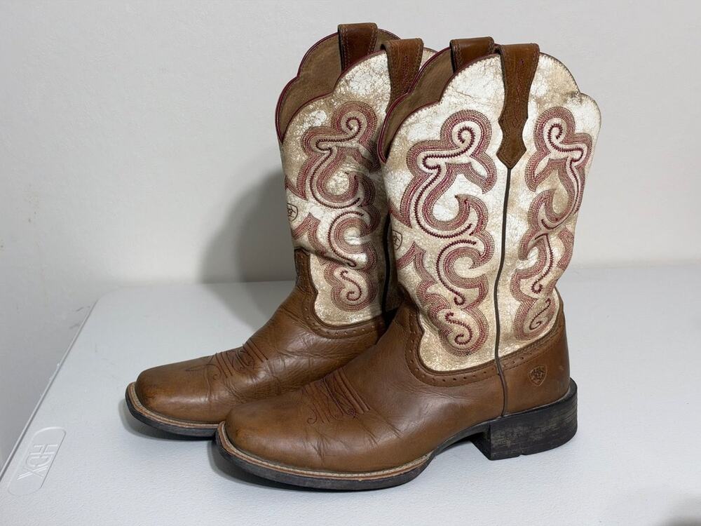 Ariat Quickdraw Womens 8.5B Brown Cowboy Boots Leather Embroidered Pull Tabs